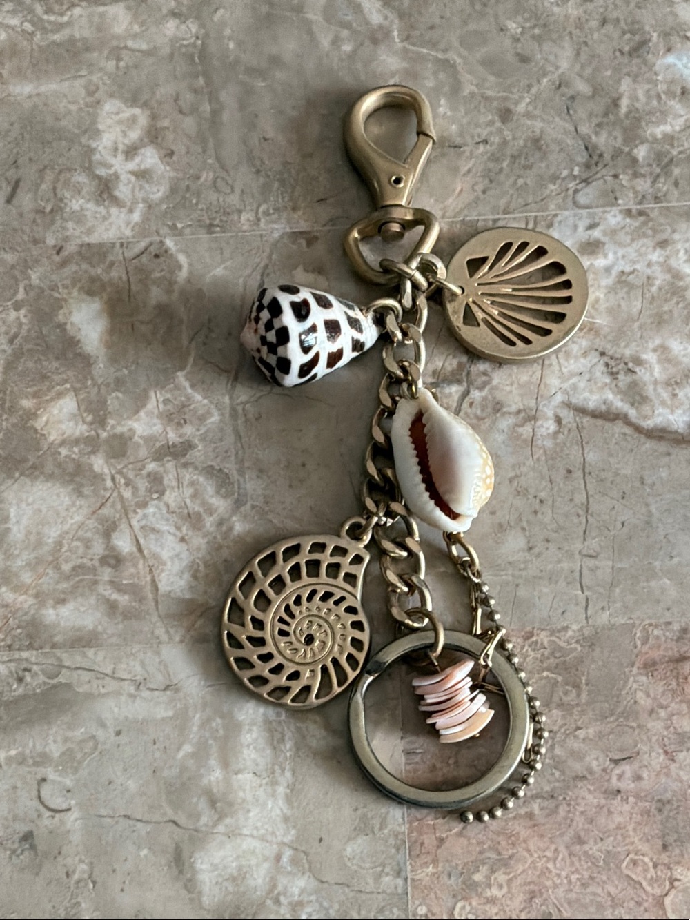 LIZ CLAIBORNE   Purse Charm Keychain - Gold Tone with White & Brown Shells